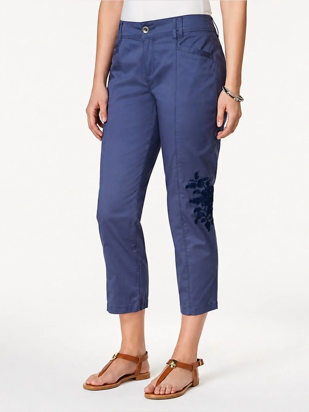 Style & Co Blue Cropped Pants Embroidered Floral Capri  Casual 14